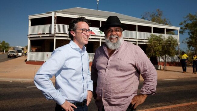 Rio’s Simon Trott, left, and YAC chief executive Michael Woodley in Roebourne. Picture: Rio Tinto/Tom Rovis-Hermann