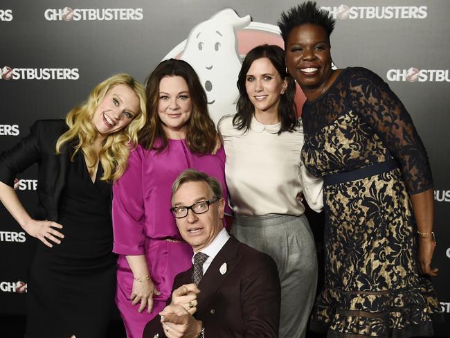 Paul Feig, foreground centre, poses with cast members, from left, Kate McKinnon, Melissa McCarthy, Kristen Wiig and Leslie Jones of the upcoming film Ghostbusters.