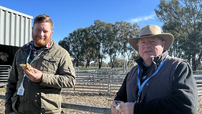 Geoff Condell and his father Pat Condell of Downside, NSW, are pictured at the Lambpro Field Day at Holbrook in southern NSW. Picture: Nikki Reynolds