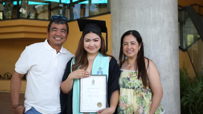 Jamila Nicolas graduated with a Bachelor of Nursing. Her and her parents flew from Western Australia for the event. Picture: Elodie Jakes