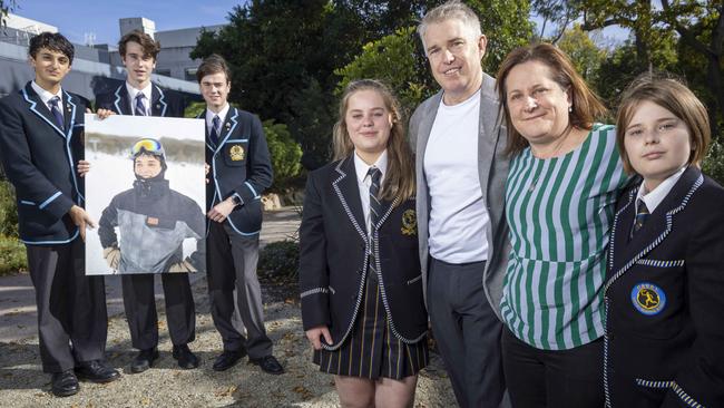 Tommy Auwardt, Nathan Bosmans and Raphael Champion joined Ella, Ben, Tamara, and Lucy McKenzie to remember Max McKenzie at Camberwell Grammar. Picture: Wayne Taylor