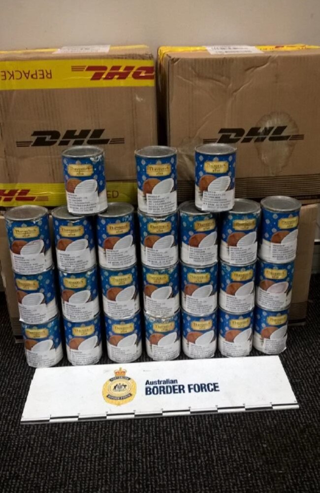 Two people were arrested in Western Sydney and an estimated 600 litres of liquid methamphetamine concealed inside cans of coconut milk was seized this year. It came to Sydney from Thailand.