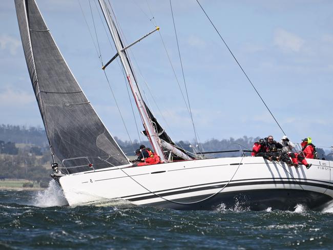 One of the main Launceston to Hobart line honours hopes, Audere, in action as the race began on Friday. Picture: Colleen Darcey