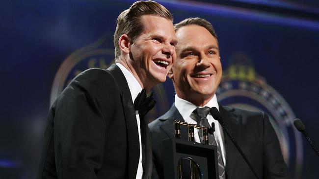 Michael Slater with Aussie star Steve Smith at the Allan Border Medal.