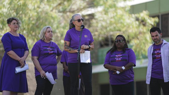 Domestic Violence Minister Kate Worden outside Alice Springs Court House joined a Territory-wide day of action in Tuesday calling for federal DFSV funding reform.