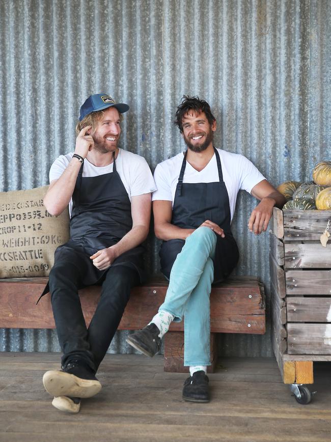 Chefs Darren Robertson (left) and Mark LaBrooy at their Three Blue Ducks in Ewingsdale, near Byron Bay. Picture: Dylan Robinson