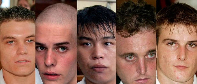 Bali Nine members Scott Rush, Matthew Norman, Si-Yi Chen, Martin Stephens, and Michael Czugaj. Picture: Supplied