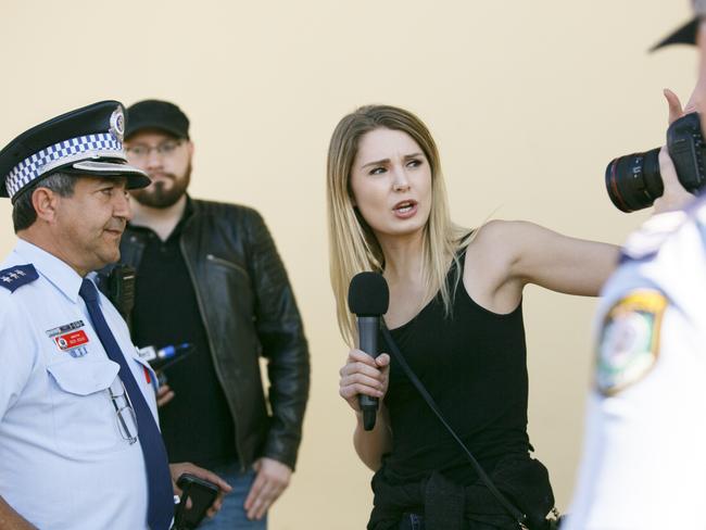 Police talking to Southern as she headed towards Lakemba Mosque with her crew. Picture: Tim Pascoe