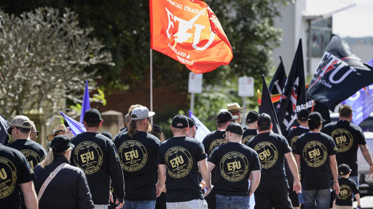 ETU members march on Neil St in the Toowoomba Labour Day March, Saturday, May 3, 2025. Picture: Kevin Farmer