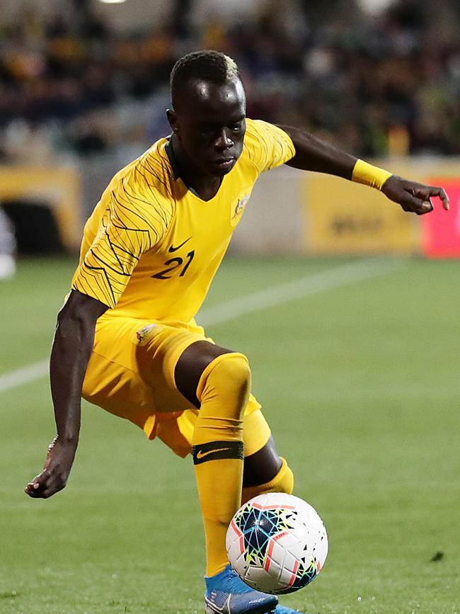 Awer Mabil of the Socceroos in action for the Socceroos against Nepal this week. Picture: Mark Metcalfe/Getty Images