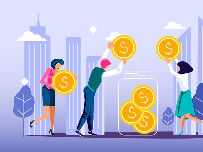 value creation - Concept of donation of money and volunteering in the city. Tiny people neighbors collect coins to make donate to the needy and homeless. Flat Art Vector Illustration