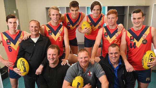 LIKE FATHER, LIKE SON: Connor Rozee and dad Rob (left), Jack Lukosius and dad Rob, Jackson Edwards, James Rowe, Jake Weidemann and dad Wayne, Lachlan Pascoe and dad Andrew. Picture: Tom Huntley.