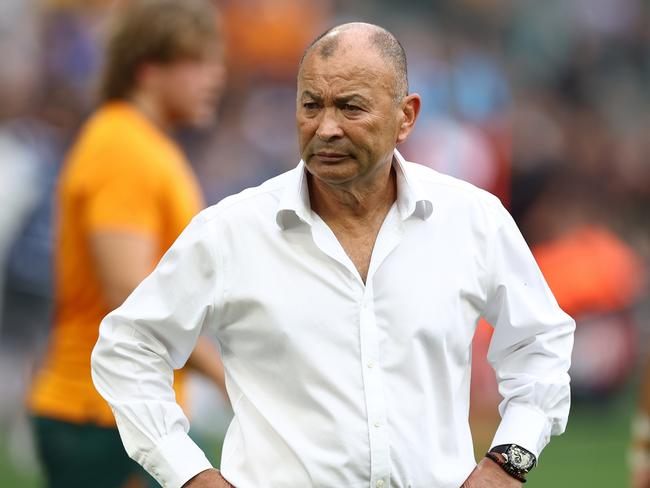 SAINT-ETIENNE, FRANCE - SEPTEMBER 17: Head Coach, Eddie Jones looks on during the Rugby World Cup France 2023 match between Australia and Fiji at Stade Geoffroy-Guichard on September 17, 2023 in Saint-Etienne, France. (Photo by Chris Hyde/Getty Images)