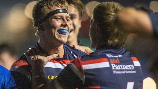 Forwards celebrate a push over try by Arthur Greer