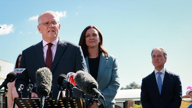 Prime Minister Scott Morrison, Greg Hunt MP, Minister for Health Senator the Hon Anne Ruston, Minister for Social Services and Maria Kovacic, Liberal Candidate for Parramatta. Picture: Jason Edwards