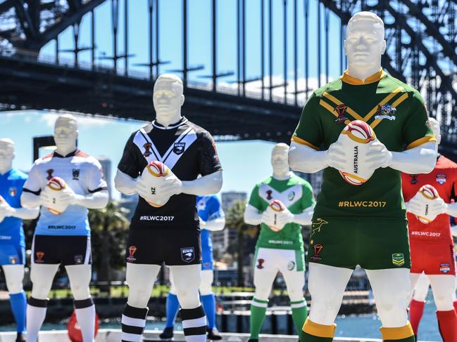 The League of Giants is an installation of 14 larger than life giant rugby league players representing each of the participating nations of the 2017 Rugby League World Cup, Sydney, Thursday, October 12, 2017. The exhibition tour will travel as a complete set to outdoor public spaces in Melbourne, Canberra, Sydney and Brisbane from 16 October to 2 December. (AAP Image/Brendan Esposito) NO ARCHIVING