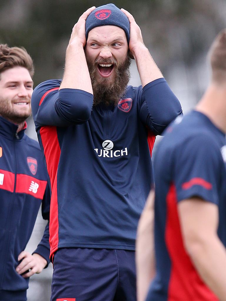 Max Gawn has a laugh at Melbourne training. Picture: Michael Klein