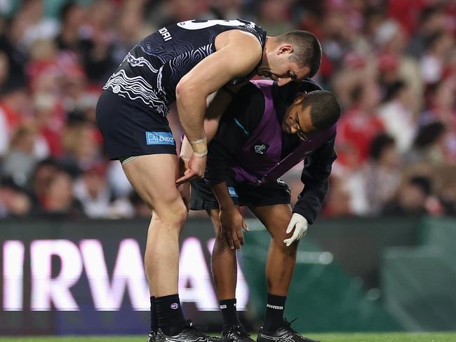 Jacob Weitering was subbed at halftime with a corked thigh. Picture: Cameron Spencer/Getty Images