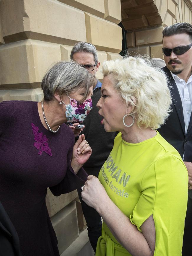 Greens leader Cassy O'Connor (part of the counter protest) and anti-trans activist Kellie-Jay Keen at the Tasmanian Parliament building as Equality Tasmania and LGBTQI+ supporters counter protest at the Let Women Speak rally. Picture: Chris Kidd