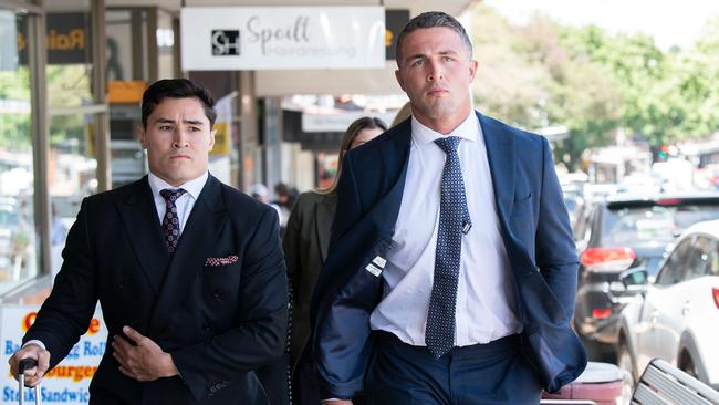 Sam Burgess (right) leaves Moss Vale Local Court in February. Picture: NCA NewsWire/Bianca De Marchi