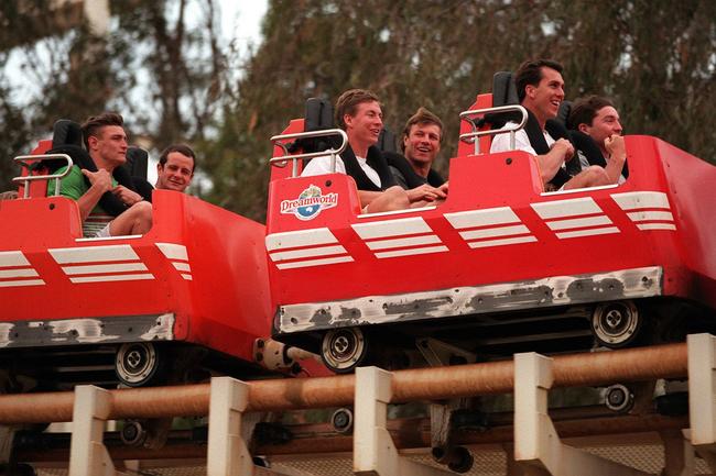 Cronulla football team on Dreamworld Thunder Bolt ride... (L-R): Russell Richardson, Geoff Bell, Adam Dykes, Andrew Ettingshausen, trainer and Paul Green. .Pic;Gregg/Porteous. headshot sport super league qld theme parks rugby