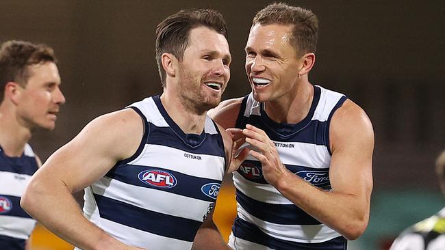 Patrick Dangerfield and Joel Selwood celebrate a Geelong goal in theirwin over St Kilda at The Gabba in August 2020. Picture: Michael Klein