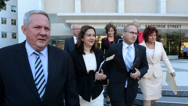 Queensland parliamentary opposition leader Annastacia Palaszczuk, centre, and Labor members, pictured from left to right; Tim Mulherin, Curtis Pitt and Jo Ann Miller walk to Parliament House from their city offices in Brisbane, in May 2012, to attend the opening of the 54th Queensland parliament. Picture: AAP