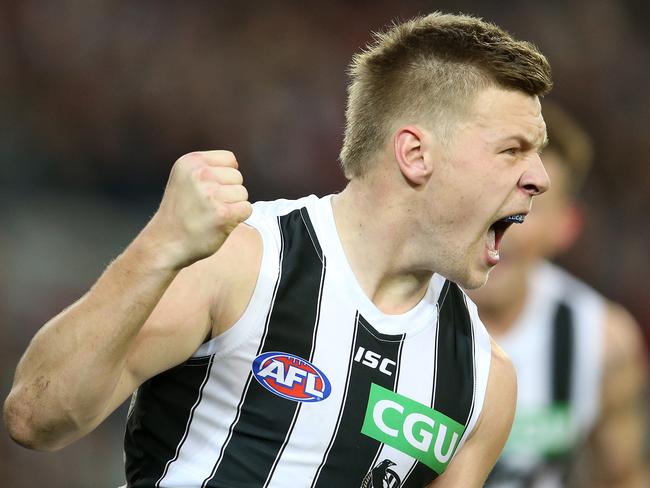 AFL Round 16. 08/07/2018. Essendon v Collingwood at the MCG.  Collingwood's Jordan De Goey celebrates his goal in the third quarter    . Pic: Michael Klein