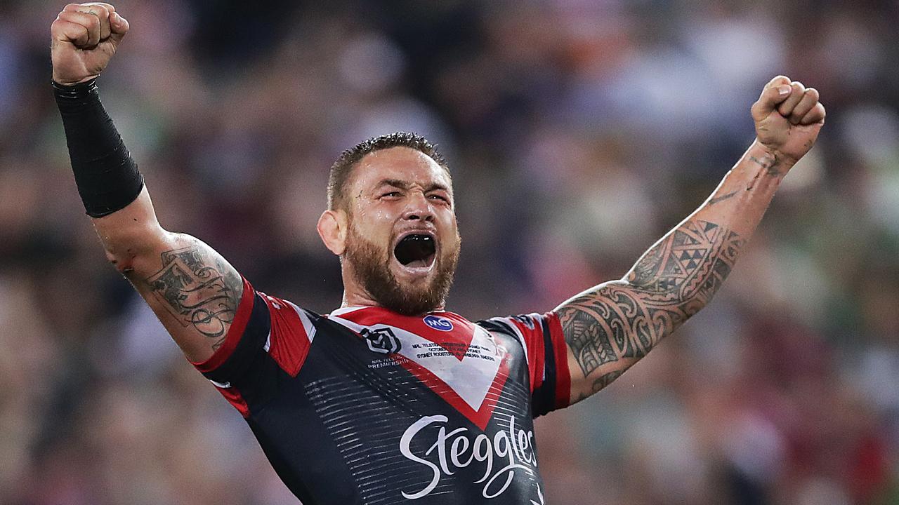 Jared Waerea-Hargreaves of the Roosters celebrates winning the 2019 NRL Grand Final