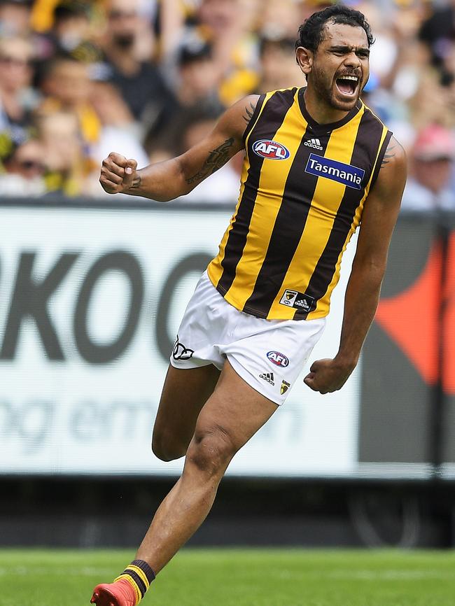 Cyril celebrates kicking a goal during the match against Richmond earlier this year. Photo: Brett Hemmings/Getty Images/AFL Media