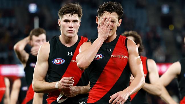 MELBOURNE, AUSTRALIA - JULY 27: Jye Caldwell of the Bombers looks dejected after a loss during the 2024 AFL Round 20 match between the St Kilda Saints and the Essendon Bombers at Marvel Stadium on July 27, 2024 in Melbourne, Australia. (Photo by Michael Willson/AFL Photos via Getty Images)