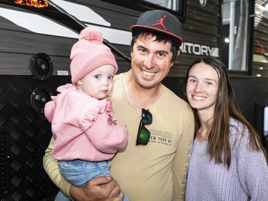 Jamie and Tempany Goldby with their daughter Pyper at the Queensland Outdoor Adventure Expo at the Toowoomba Showgrounds, Saturday, July 30, 2022. Picture: Kevin Farmer