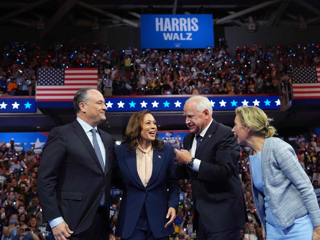 The pair were joined by spouses Doug Emhoff and Gwen Walz on stage. Picture: Getty Images via AFP