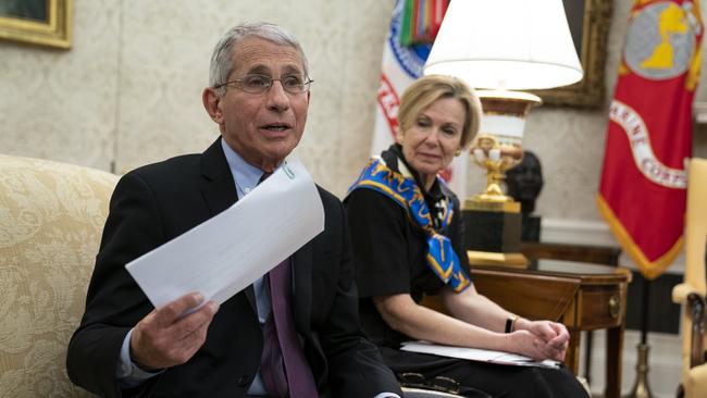 Dr Anthony Fauci in the Oval Office at the White House on April 29 where he said that data showed the drug remdesivir was effective in reducing the recovery time from COVID-19.