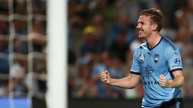 Aaron Calver of Sydney celebrates after scoring a goal during the Round 11 A-League match between the Sydney FC and the Central Coast Mariners at Jubilee Stadium in Sydney. Picture: AAP