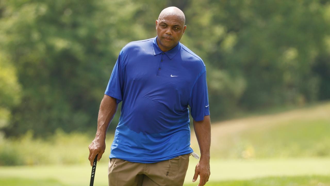 BEDMINSTER, NEW JERSEY - JULY 28: Charles Barkley lines up a putt on the second green during the pro-am prior to the LIV Golf Invitational - Bedminster at Trump National Golf Club Bedminster on July 28, 2022 in Bedminster, New Jersey. (Photo by Cliff Hawkins/Getty Images)