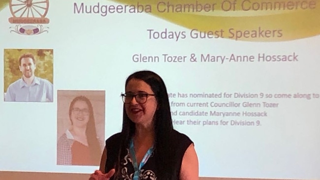 Candidate Mary-Anne Hossack speaking at the Mudgeeraba Chamber of Commerce breakfast.