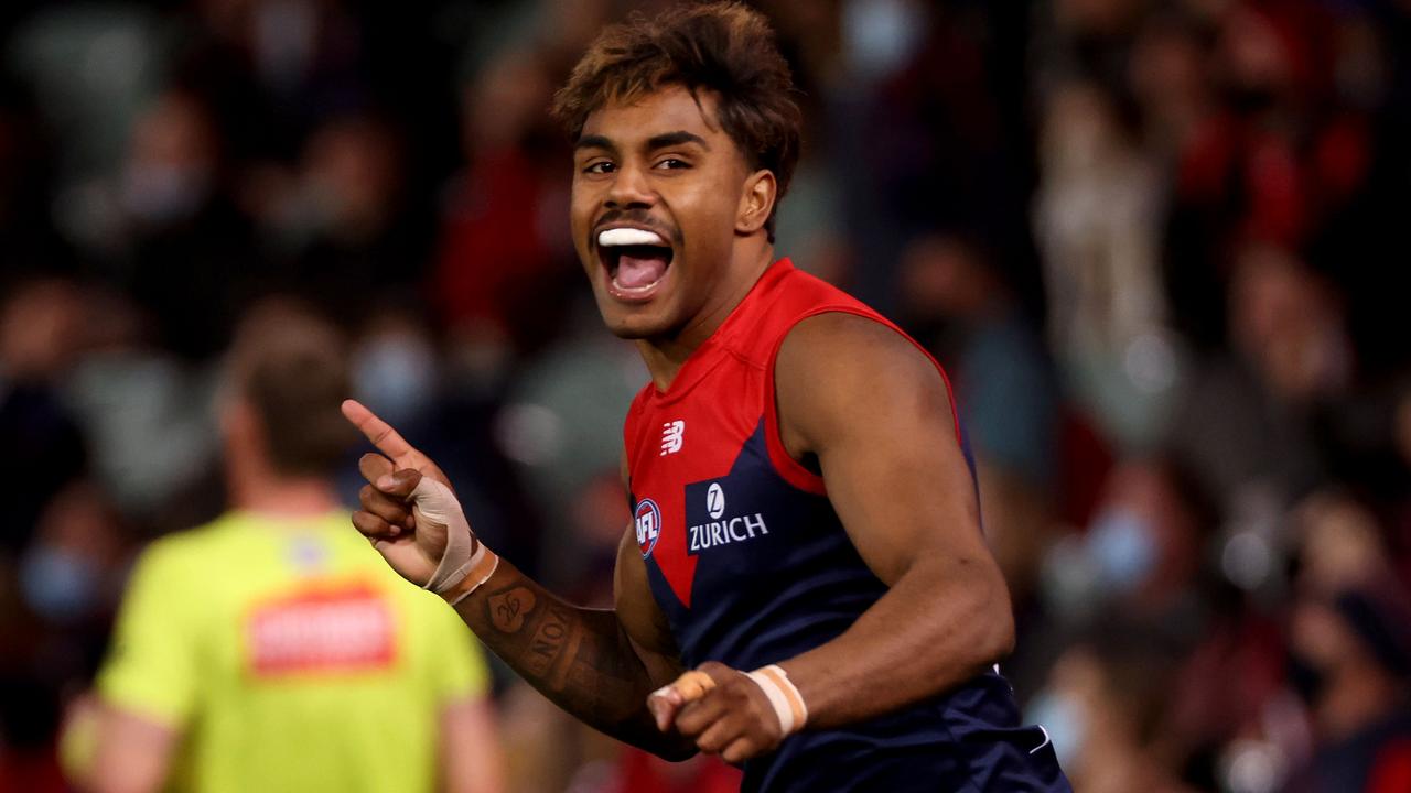 Kysaiah Pickett celebrates a goal in Melbourne’s qualifying final win.