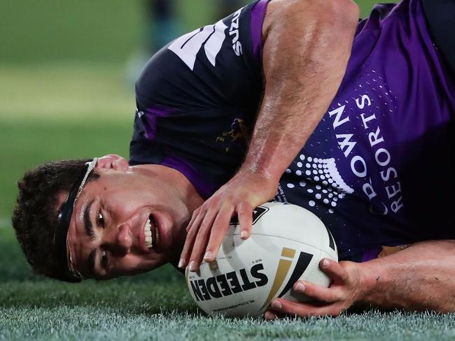 Dale Finucane rolls over to score a try during the 2017 NRL Grand Final.