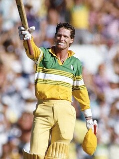 Jones celebrates a one-day century against Pakistan in 1987.