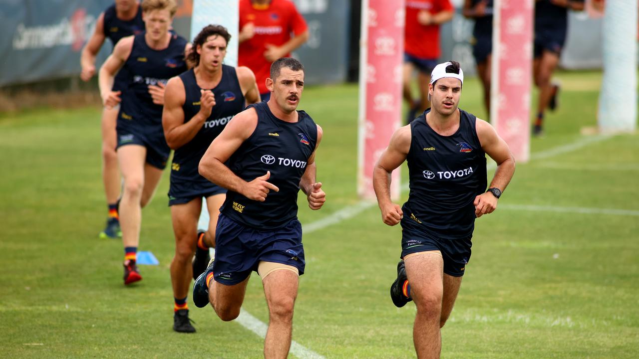 Taylor Walker trained with the Crows for the first time since he was banned for making a racial slur at an SANFL game. Picture: Kelly Barnes