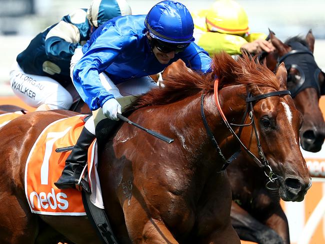 MELBOURNE, AUSTRALIA - FEBRUARY 08:  Luke Currie rides Hanseatic to win race 4 the Neds Blue Diamond Prelude during Melbourne Racing at Caulfield Racecourse on February 08, 2020 in Melbourne, Australia. (Photo by Kelly Defina/Getty Images)