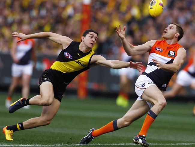 Richmond's Jason Castagna chases GWS Giants’ Heath Shaw. Picture: Michael Klein