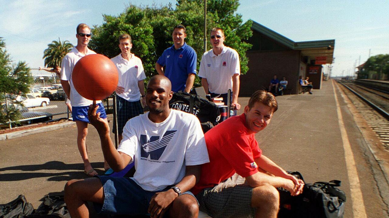 Several Geelong Supercats in March, 1996 about to catch a train to Mildura for a pre-season match. Picture: File.