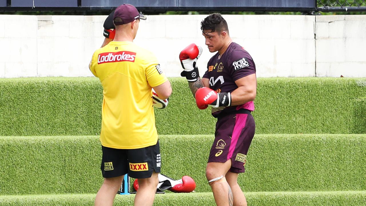 Kotoni Staggs hitting the pads during Brisbane Broncos pre-season training. Picture: Zak Simmonds