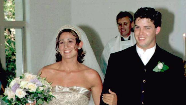 Hayley Lewis and her childhood sweetheart Greg Taylor on their wedding day at Noosa.