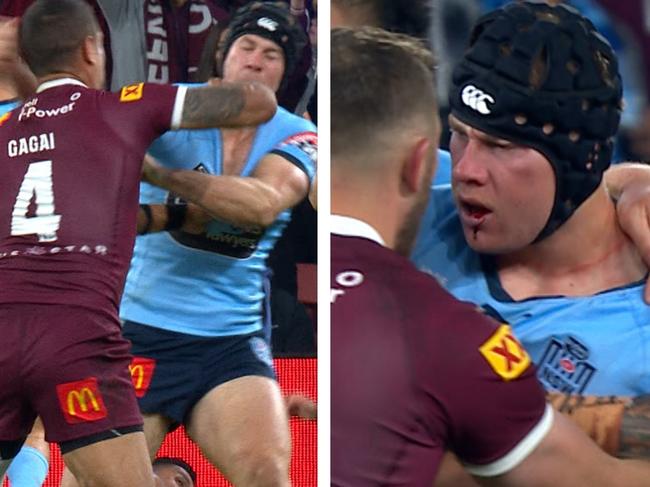 The fight between Matt Burton (Blues) and Dane Gagai (Maroons). Source: Fox League via Twitter