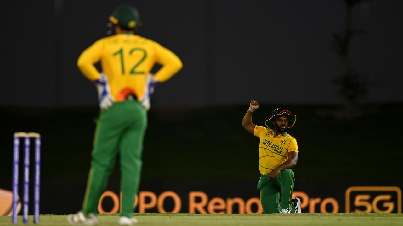 Quentin de Kock satnds behind the stumps as South Africa captain Temba Bavuma takes in a warm up match agianst Pakistan before the T20 World Cup. Picture: Gareth Copley-ICC/ICC via Getty Images