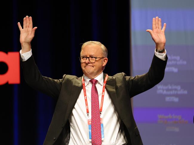 BRISBANE, AUSTRALIA - NewsWire Photos AUGUST 18, 2023: Prime Minister Anthony Albanese reacts after AUKUS was passed during the ALP National Conference in Brisbane. Picture: NCA NewsWire/Tertius Pickard