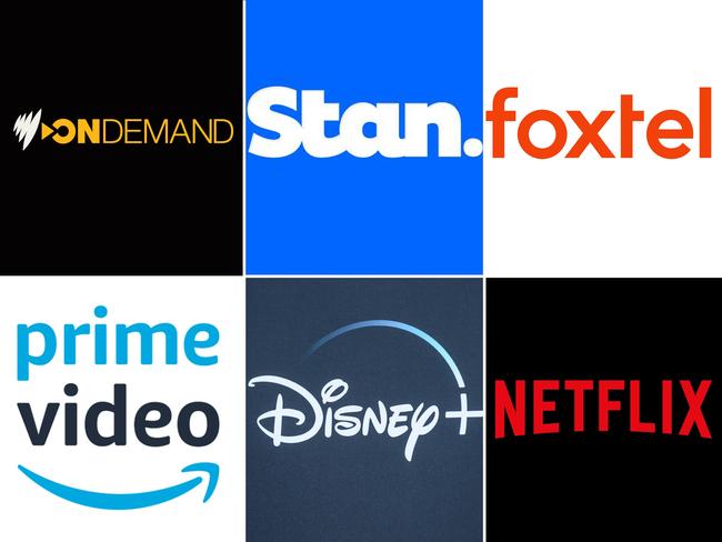 4:3 crop - Australia streaming services logo composite. Sbs On Demand, Stan, Foxtel, Amazon, Disney, Netflix.